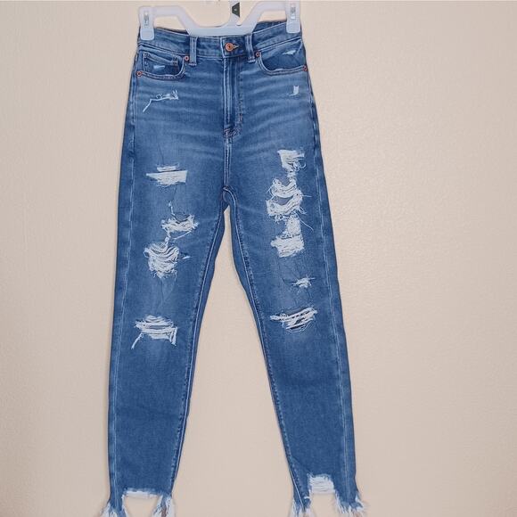 American Eagle Highest Rise Mom Jean Womens Size 00 Blue Distressed Ripped - Picture 1 of 16
